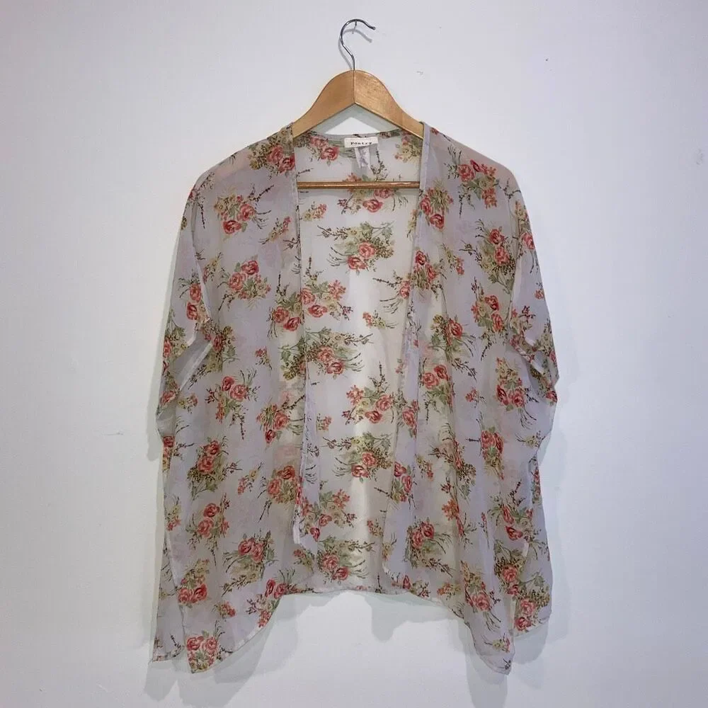 Floral Cover up Wrap Boho Casual Style Cream size Small